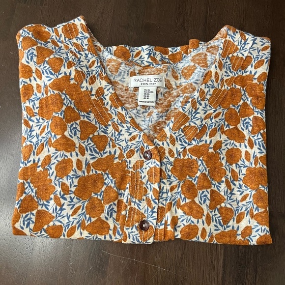 Rachel Zoe Linen Top Mustard floral Print Cap Sleeve Relax Fit Babydoll Prairie - Picture 7 of 7